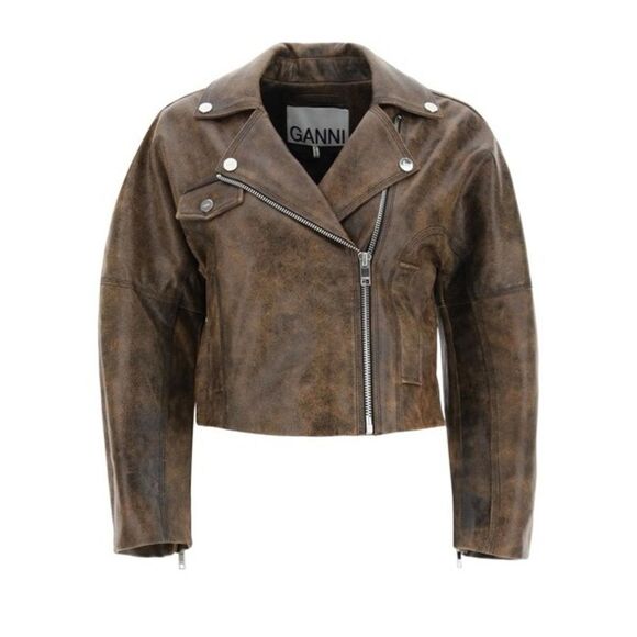 GANNI Washed Perfecto Brown Leather Cropped Biker Jacket size 36 US S Sold Out - Picture 2 of 16